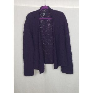 Eileen Fisher Open Chunky Knit Cardigan Sweater Purple 100% Wool M Cozy Winter